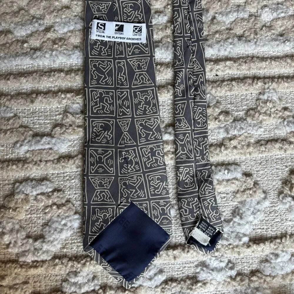 Keith Haring Playboy Archives Limited Edition 100% Silk Necktie Gray Art Tie VTG